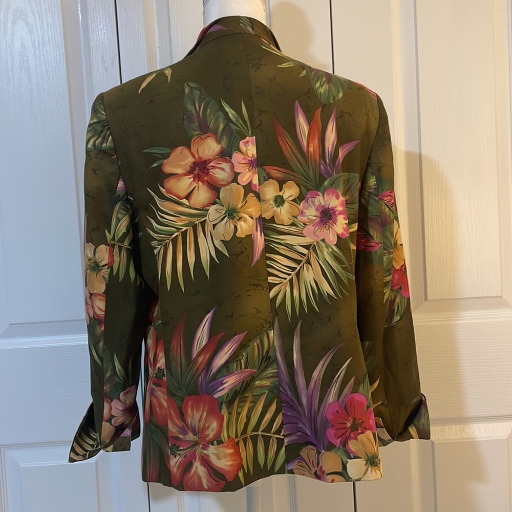 Peck & Peck Collection Women’s SZ 14 Floral Olive Open Front Silk Blend Blazer - Picture 5 of 13